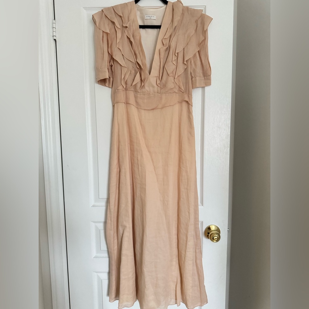 Sandro Peach Ruffle V-Neck Dress